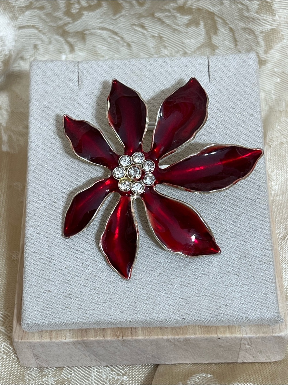 Vintage Red Floral Poinsettia Brooch with Crystal Accents and Gold Tone